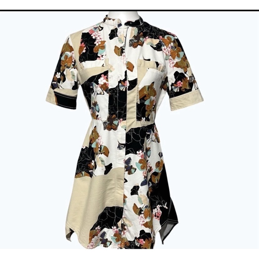 3.1 Phillip Lim Dress Womens XS Beige Floral Cherry Blossom Short Sleeve Qipao